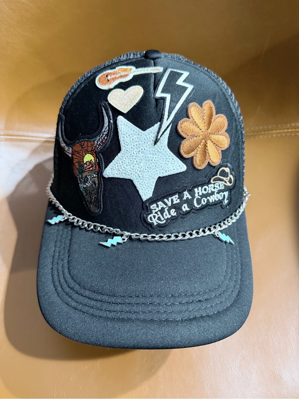 Black Embellished Patch Trucker Hat - Star & Flower Accent